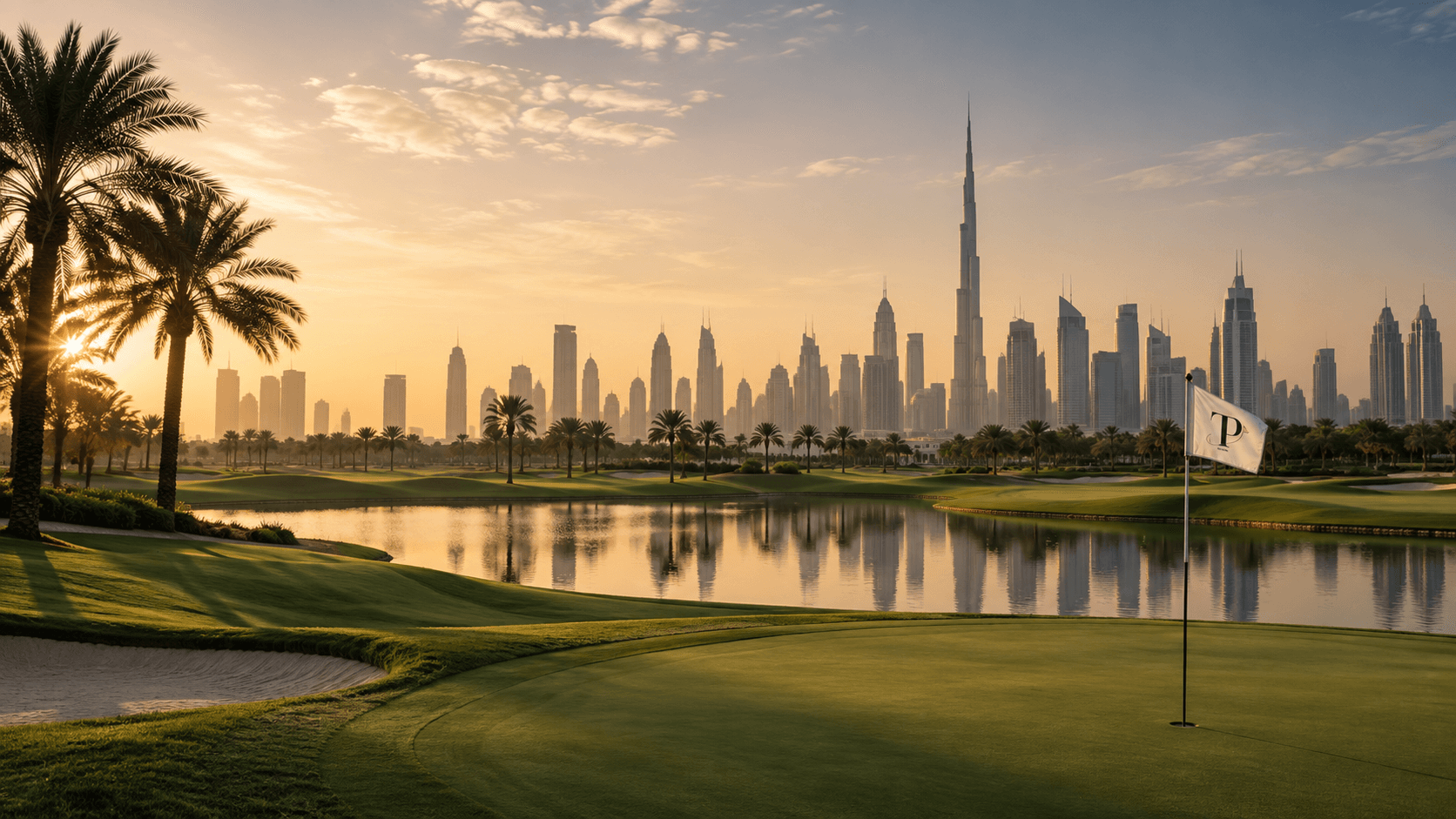 TP Tour — golf at sunrise with the Dubai skyline